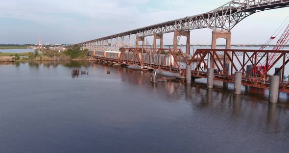 Crane shot of the Calcasieu River Bridge in Lake Charles, Louisiana