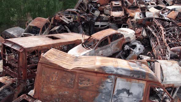 War in Ukraine a Dump of Shot and Burned Cars in Irpin Bucha District