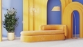modern living room interior with orange sofa and floor lamp, yellow arches and blue wall - PhotoDune Item for Sale