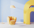 Brightly coloured modern interior with yellow furniture and arches with blue wall, 3d rendering - PhotoDune Item for Sale