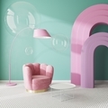 Colorful surreal interior with pink armchair and arches and light green wall, soap bubbles - PhotoDune Item for Sale