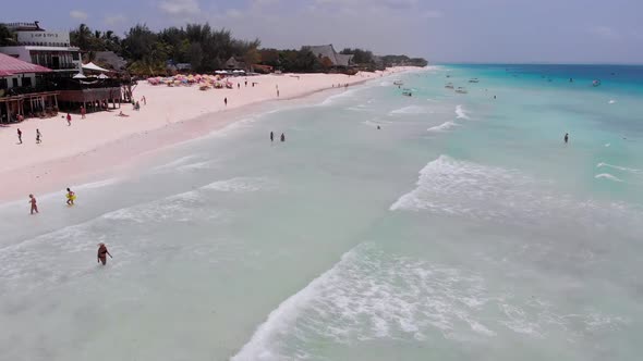 Aerial View Paradise Sandy Beach with Clear Turquoise Ocean Zanzibar Africa