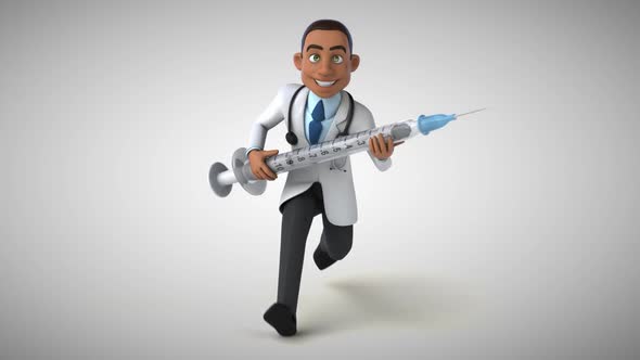 Fun 3D cartoon doctor running with a syringe