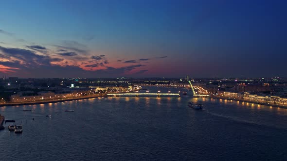 Night Flight Over The Neva River And Drawbridges