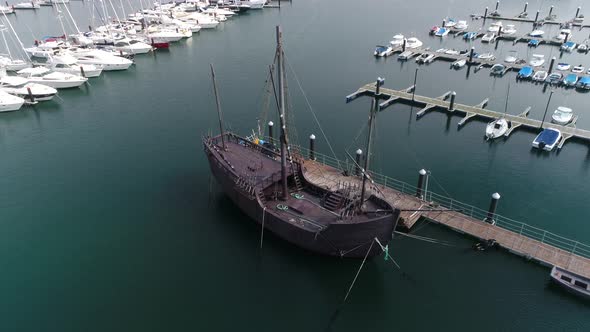 An aerial view of a port in Baiona Spain