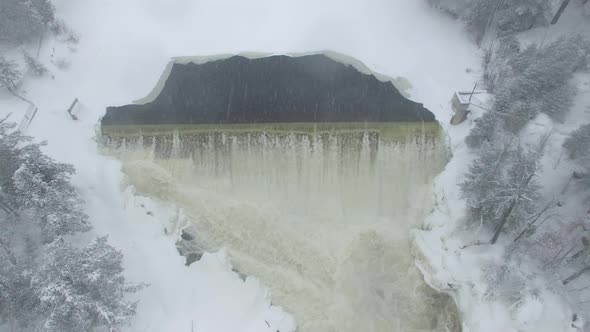 High straight up elevated view of waterfalls in the beautiful winter of Canada