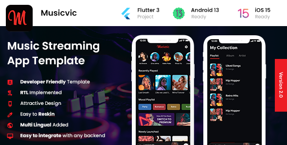 2 App Template| Online Music Streaming App| Music Player App | Music App| Musicvic