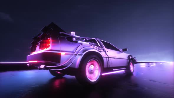 Sci Fi Delorean Car Riding Background With Neon Lights