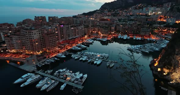 Monaco Port Fontvieille in Dusk Topview From Monaco Ville Night Illumination of Embankment Sky