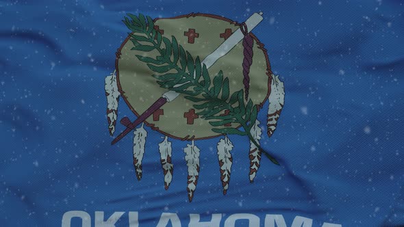 Oklahoma Winter Flag with Snowflakes Background