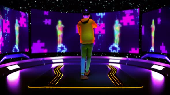 Dancing game with virtual reality glasses. alt