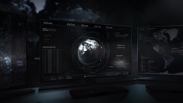 Advanced detection system on the computer screen monitor. Satellite camera view. alt