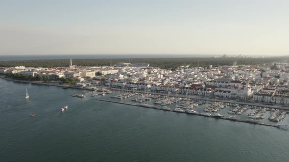 Aerial View Of Vila Real De Santo Antonio Marina In Portugal. Circle Dolly