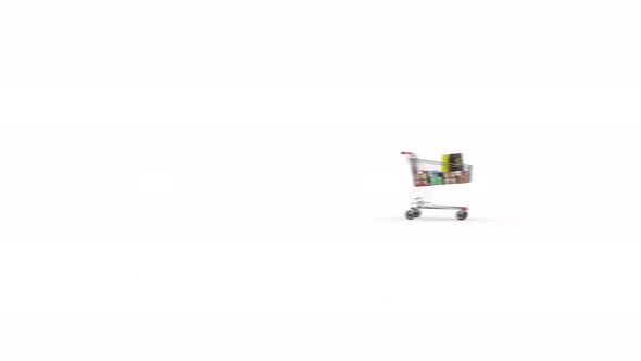 Retail Shopping Cart with Purchases Isolated on White Background Approaching