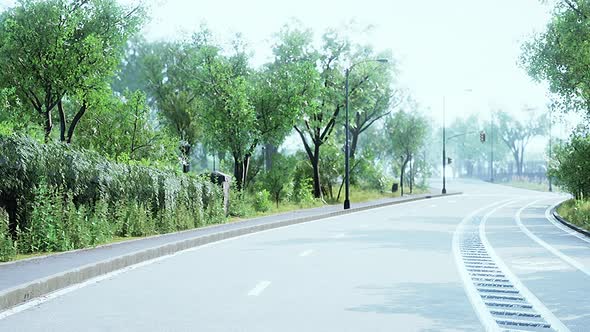 City Street with Empty Road and Morning Light in Europe