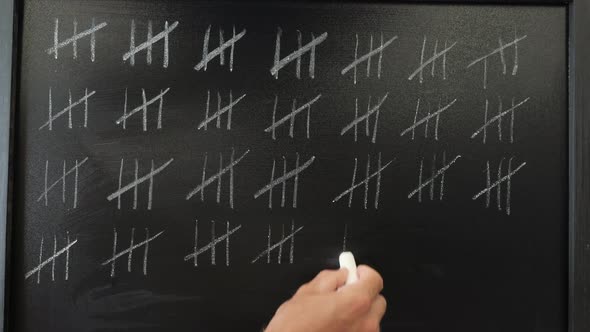 Man making dashes with chalk on blackboard, crossing them off