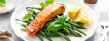 Grilled salmon fish fillet and green beans with lemon and basil. Banner - PhotoDune Item for Sale