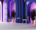 chairs and table in modern room with blue arches, pink neon light and white mosaic tiled floor - PhotoDune Item for Sale