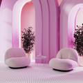 Pink room with neon lighh and arches with plant in pot, design chairs with coffee table - PhotoDune Item for Sale