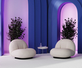 Room with blue arches with pink light and mosaic tiled floor, armchairs with coffee table, 3d render - PhotoDune Item for Sale