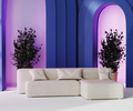 Contemporary design room with white sofa on mosaic tiled floor, blue arhces with cove lighting - PhotoDune Item for Sale