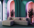 Modern living room with white sofa, arches with neon light, 3d rendering - PhotoDune Item for Sale
