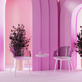 Pink room with neon lighh and arches with plant in pot, design chairs with coffee table - PhotoDune Item for Sale
