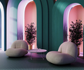 Armchairs with coffee table with glasses of water, arches with pink neon light, pink wall - PhotoDune Item for Sale