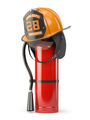 Firefighter helmet on a fire extinguisher isolated on white. - PhotoDune Item for Sale
