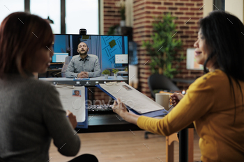 cv discussing company hiring plan during job appointment during online videocall meeting conference in startup office. Teleconference call