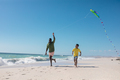 Playful african american father and son running while flying kite at beach on sunny day, copy space - PhotoDune Item for Sale