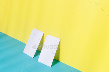 ockup template with shadows on blue and yellow paper background. Place your design.