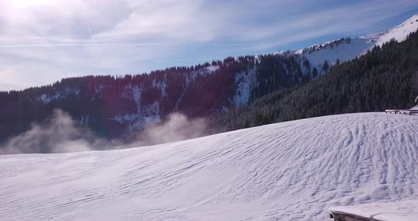 View of mountain hut and forest in winter, Achenkirch, Austria