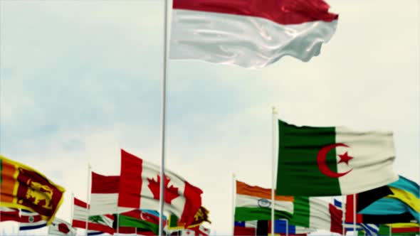 Monaco Flag With World Globe Flags Morning Shot