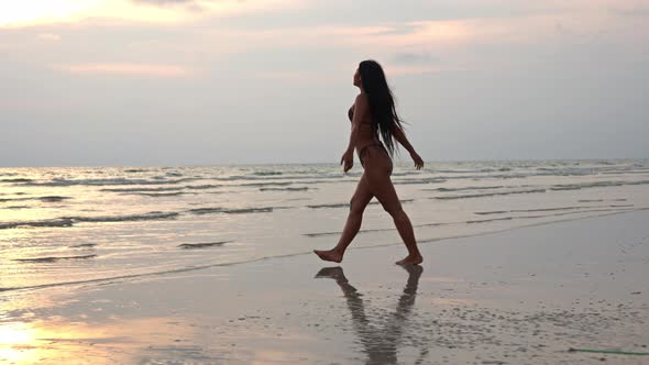 Beautiful Young Woman In Bikini Walking Along Beach To Sea