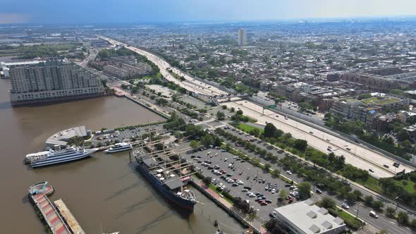 Philadelphia Skyline in with Expressway on the West Side of the River and Recreation Boardwalk Along