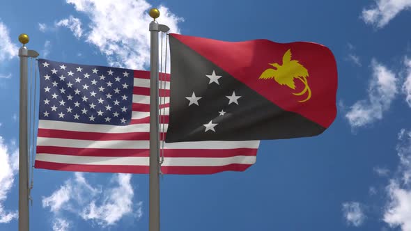 Usa Flag Vs Papua New Guinea Flag On Flagpole