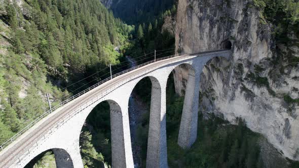 Aerial View of the Landwasser Viaduct in the Swiss Alps at Summer