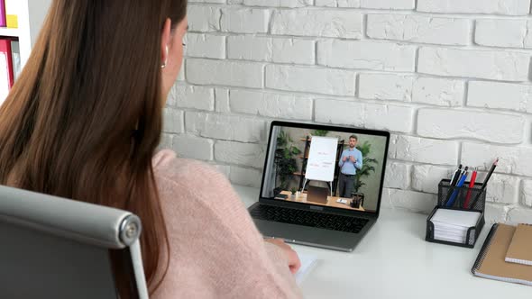 Man Manager Company in Computer Screen Tells Point Marker Diagram on Flip Chart