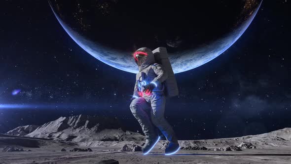 Funny Dancing Astronaut With Neon Light Spacesuit On The Moon