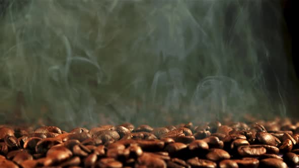 From the Roasted Coffee Beans Rises Hot Steam