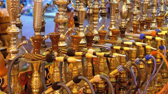 Various Hookahs Are Sold on the Display of an Arab Souvenir Store in Egypt