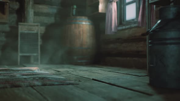 Dark Interior of Retro Log House alt