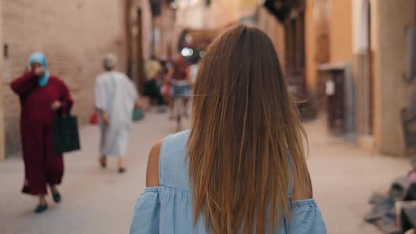 Happy Beautiful Tourist Woman in Fashionable Summer Dress Enjoying in MARRAKECH Marocco Arabian