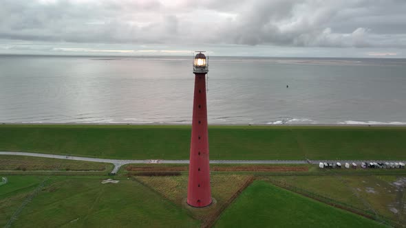 Lighthouse Tower Lange Jaap in Den Helder Drone Aerial Footage 5K Along the Sea Near the Island of