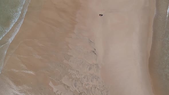 Aerial of couple walking on the beach. Fingal Bay, Australia