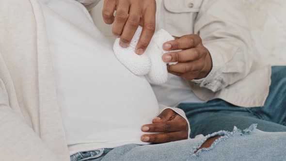 Closeup Male Black Hands of African American Unrecognizable Man Future Father Caring Husband