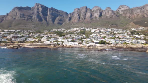 Aerial view of Table Mountain from Atlantic Ocean, Cape Town, South Africa.