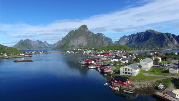 Picturesque town Reine on Lofoten islands, aerial footage