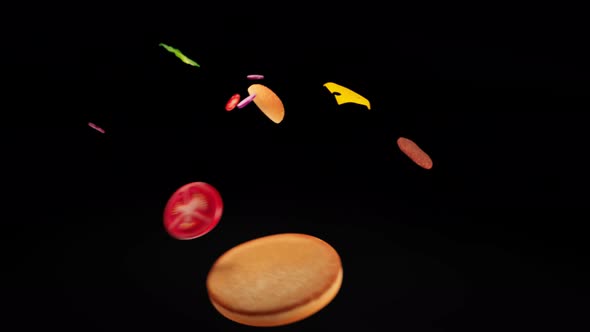 Animation of a  cartoon cheeseburger with fries. Fastfood on black background.
